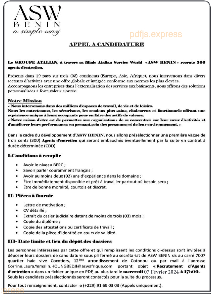 Recrutement de 300 Agents d'entretien